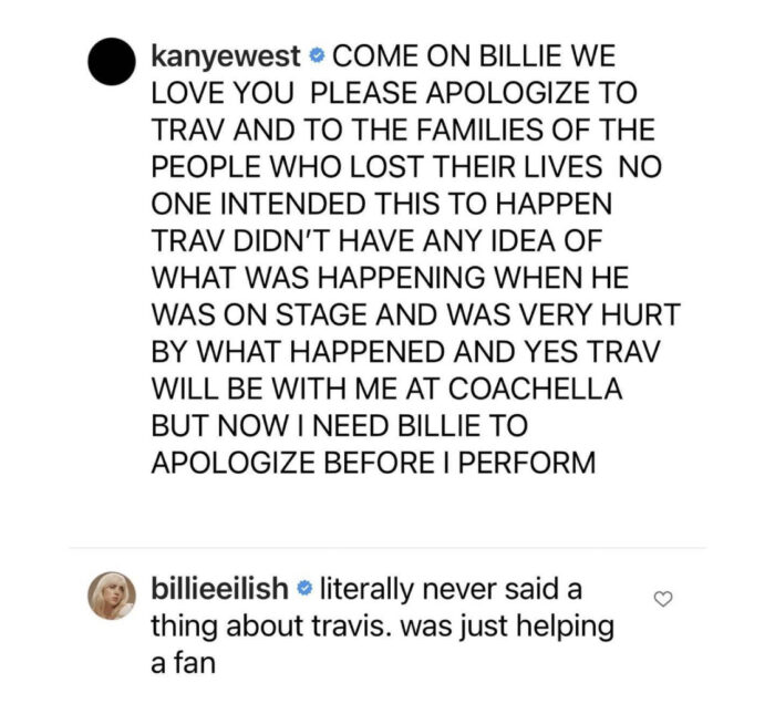 Billie Eilish responds to Kanye West's demand for an apology to Travis Scott
