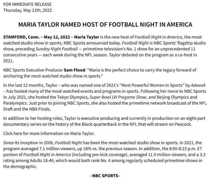 Maria Taylor named host of Football Night in America press release