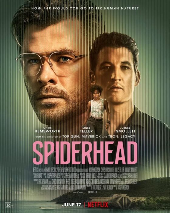 Spiderhead key art Netflix - Chris Hemsworth-Miles Teller-Jurnee Smollett