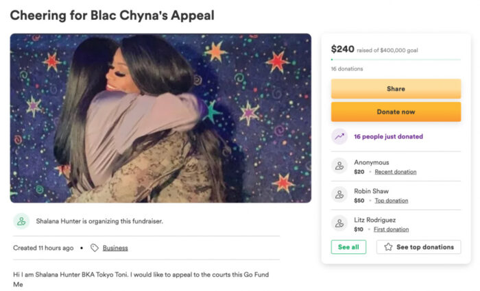 Photo of Tokyo Toni hugging Blac Chyna on GoFundMe campaign raising money for her appeal