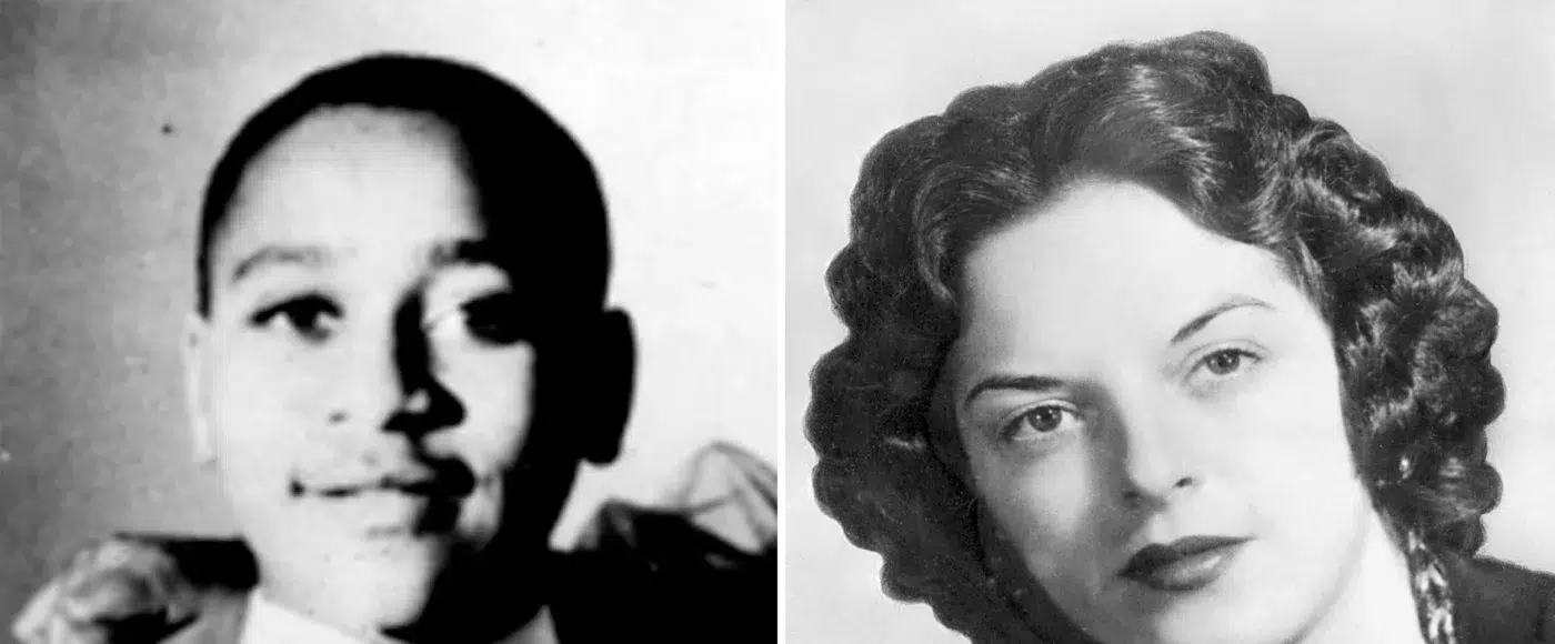 Black and white photo of young Emmett Till and his accuser Carolyn Bryant