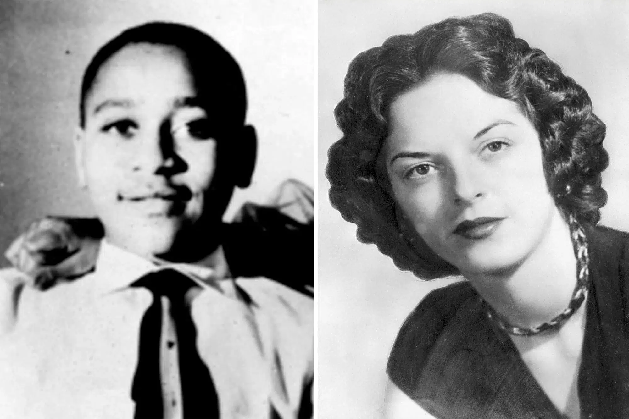 Black and white photo of young Emmett Till and his accuser Carolyn Bryant