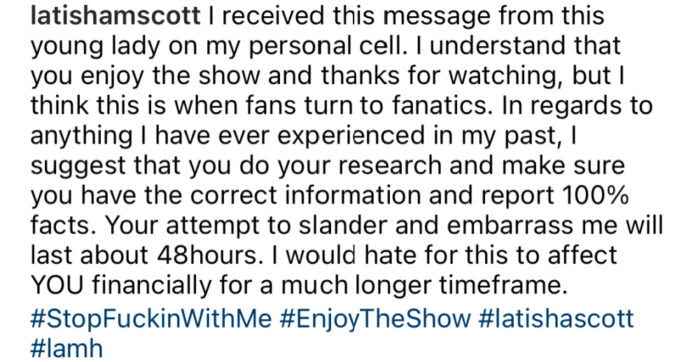 LaTisha Scott warns fan to leave her alone