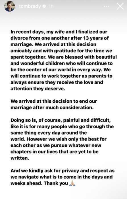 Tom Brady divorce statement