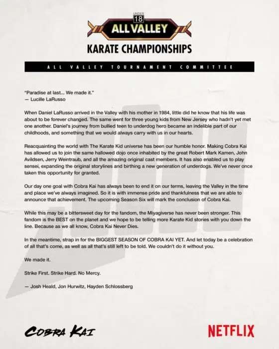 Cobra Kai Final 6th Season Letter