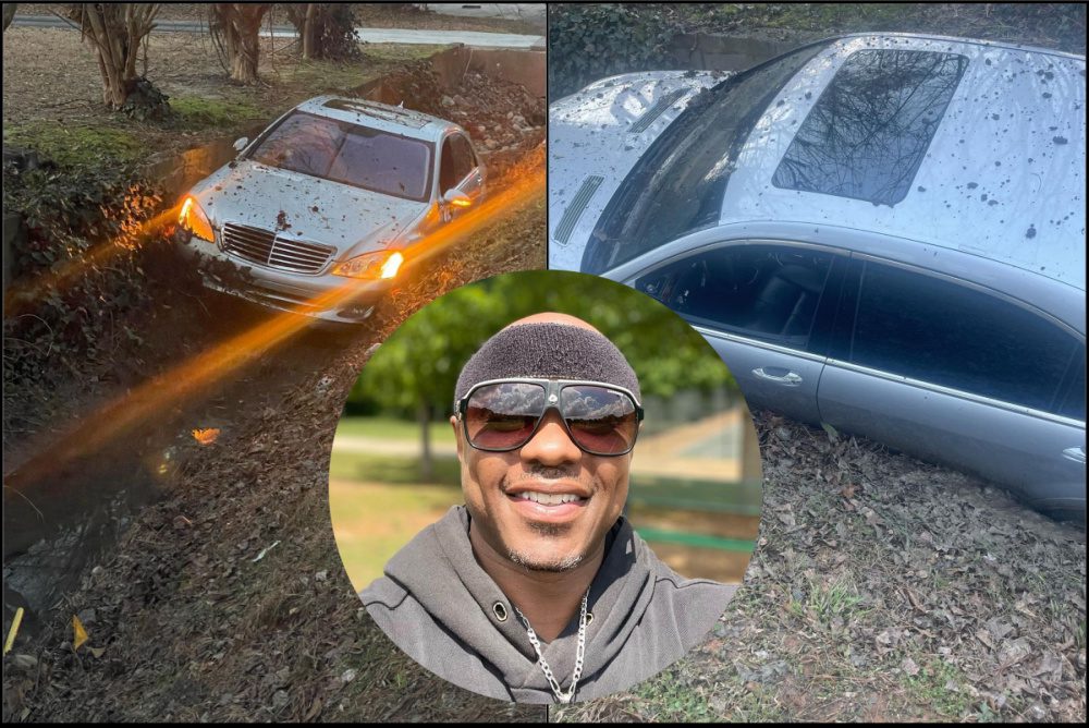 Donell Jones drives in car in ditch