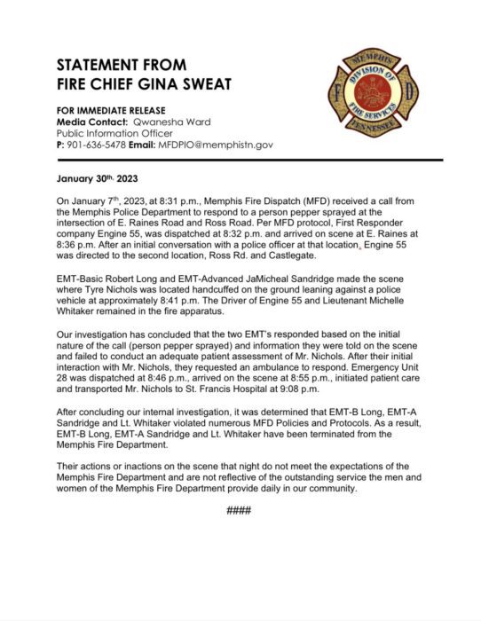 Memphis Fire Department Statement From Fire Chief Gina Sweat