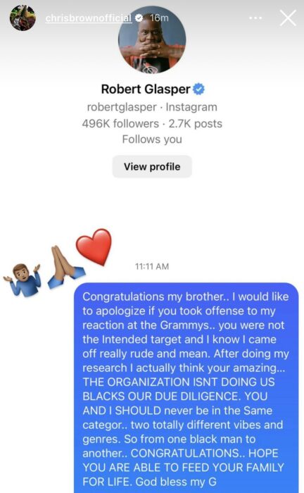 Chris Brown apology Robert Glasper