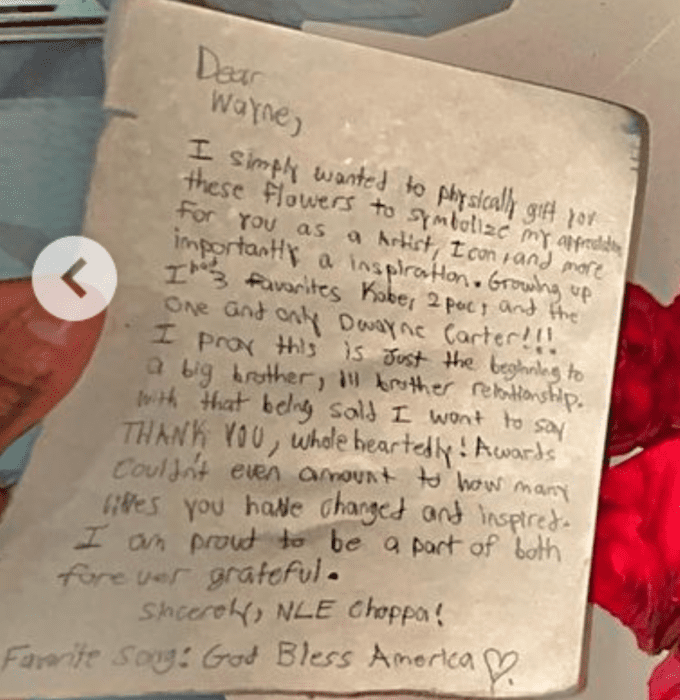 NLE Choppa's note to Lil Wayne.