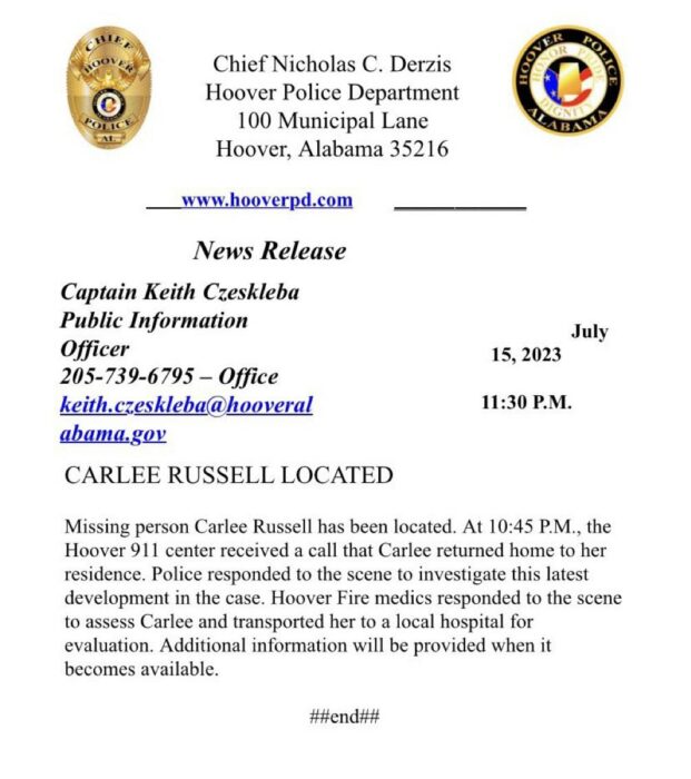 Police Press Release - Carlee Russell