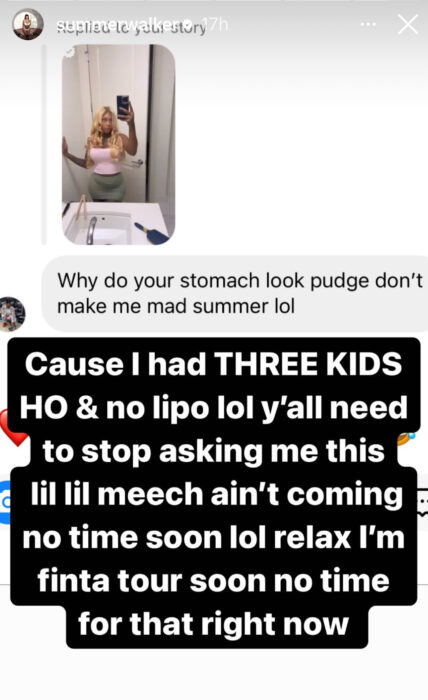 Summer Walker responds to fan about being pregnant by Lil Meech