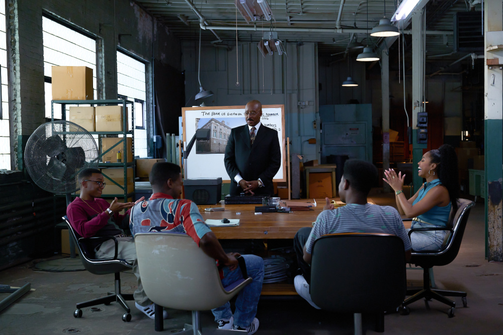 Xavier Clyde as Danny, Nican Robinson as Rick, Courtney B. Vance as Jeremy Horne, Bentley Green as Marshall and Precious Way as Ladonna in Heist 88