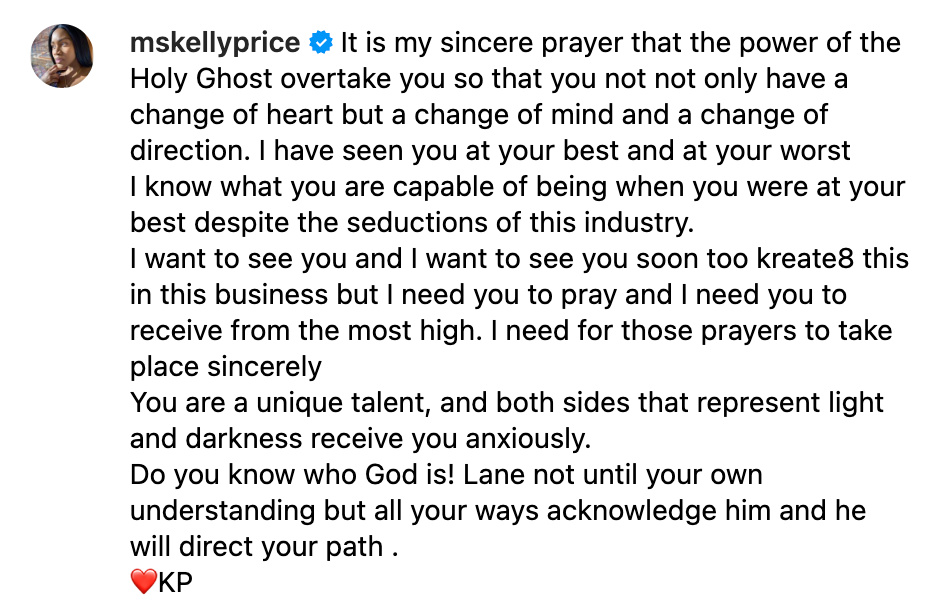 Kelly Price Responds To Criticism After Sending Prayers To Diddy