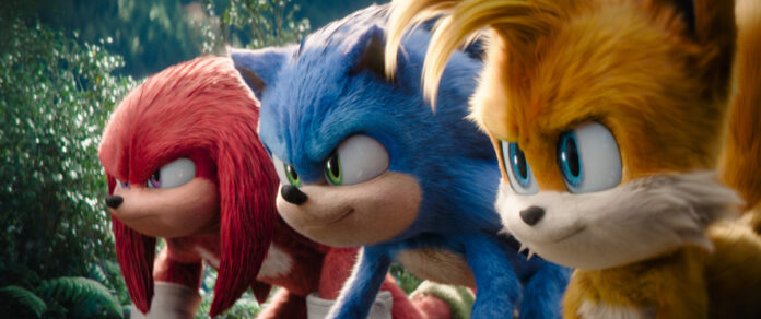 Knuckles (Idris Elba), Sonic (Ben Schwartz) and Tails (Colleen O’Shaughnessey) in Sonic the Hedgehog 3