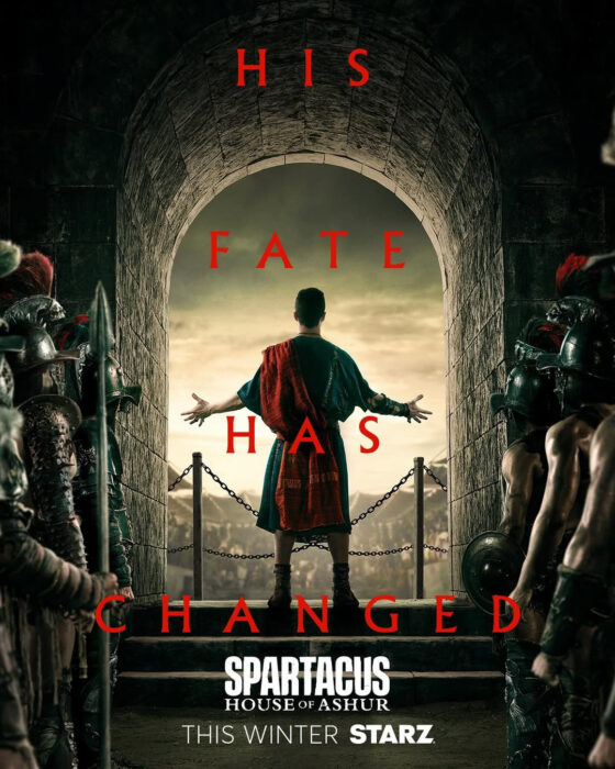 Official teaser key art for “Spartacus: House of Ashur” on Starz featuring Ashur standing in the gladiator arena.