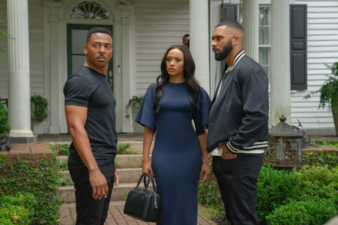 RonReaco Lee, Kat Graham, and Tyler Lepley in Tyler Perry's Duplicity on Prime Video