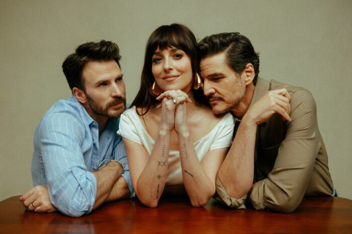Behind-the-scenes moment from Celine Song’s “Materialists” with lead cast members Dakota, Chris, and Pedro