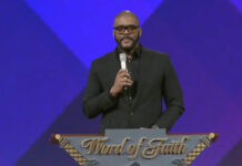 Tyler Perry’s Emotional Tribute To Angie Stone At Her Funeral: ‘She Prophesied Her Own Eulogy’ yler Perry giving a tribute at Angie Stone’s funeral at Word of Faith Cathedral in Austell, Georgia.