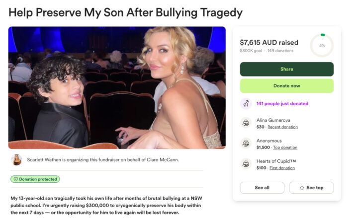 Clare McCann launches fundraiser to preserve son Atreyu’s body after his death by suicide linked to bullying.