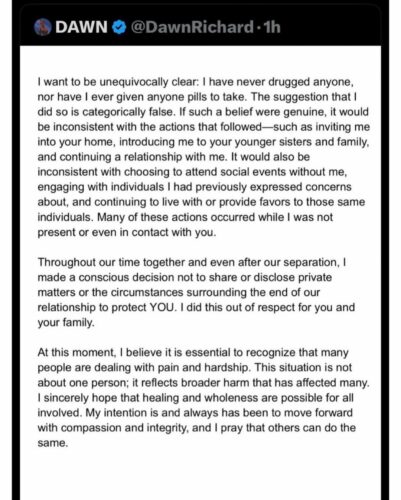 Dawn Richard releases statement denying drugging Que of Day 26 at Diddy's Hamptons Estate