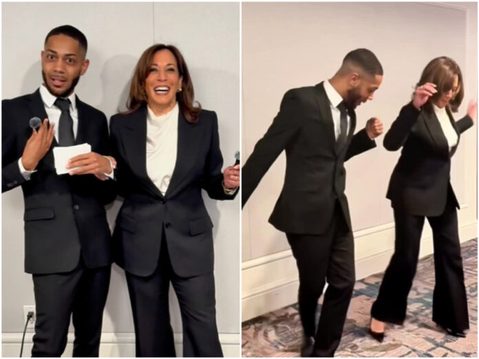 Former Vice Present Kamala Harris does the viral Boots On the Ground dance with Kenneth Walden.