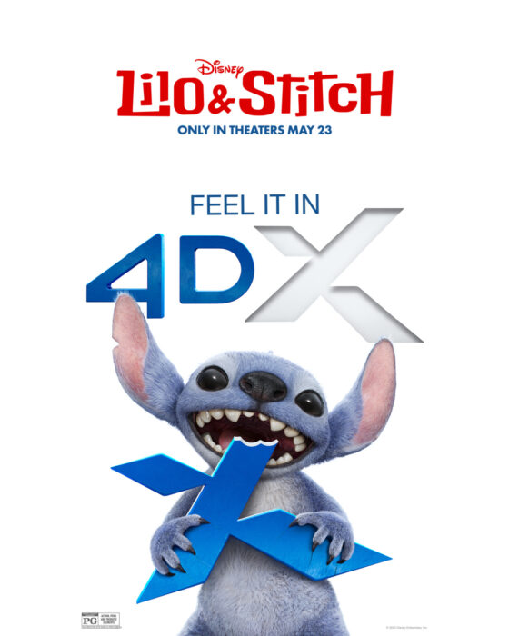 Lilo and Stitch 4DX poster featuring high-energy action with waves crashing and Stitch flying, hinting at immersive motion effects.