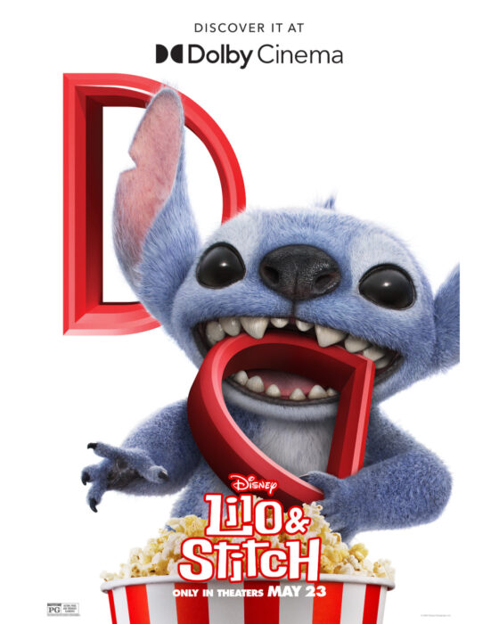 Lilo and Stitch Dolby Cinema poster featuring Stitch in high-definition detail with vibrant colors and dramatic shadows.