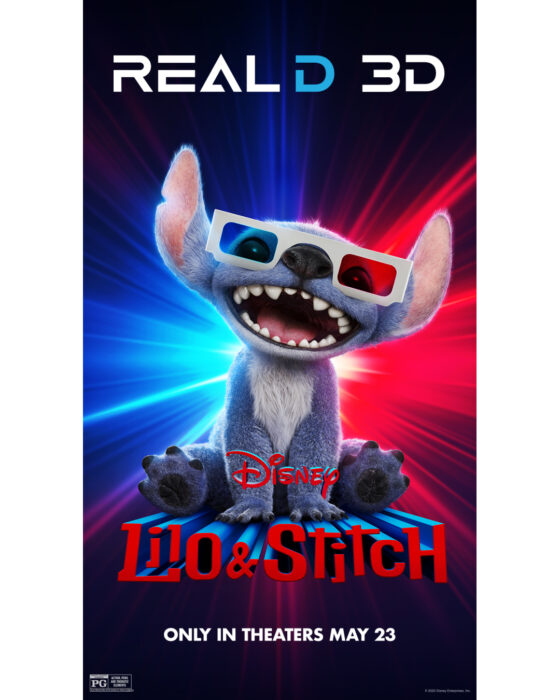 Lilo and Stitch RealD 3D poster highlighting dynamic depth, with Stitch playfully popping out of the image toward the viewer.
