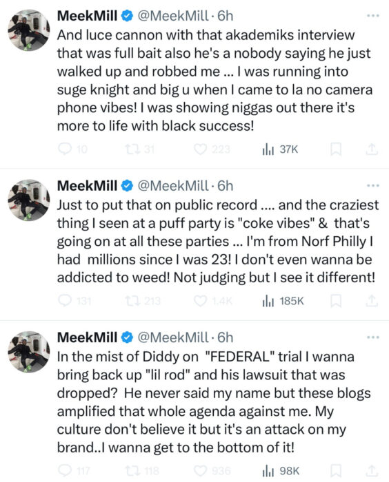 Meek Mill addresses rumors and talks Diddy parties via X, formerly Twitter.