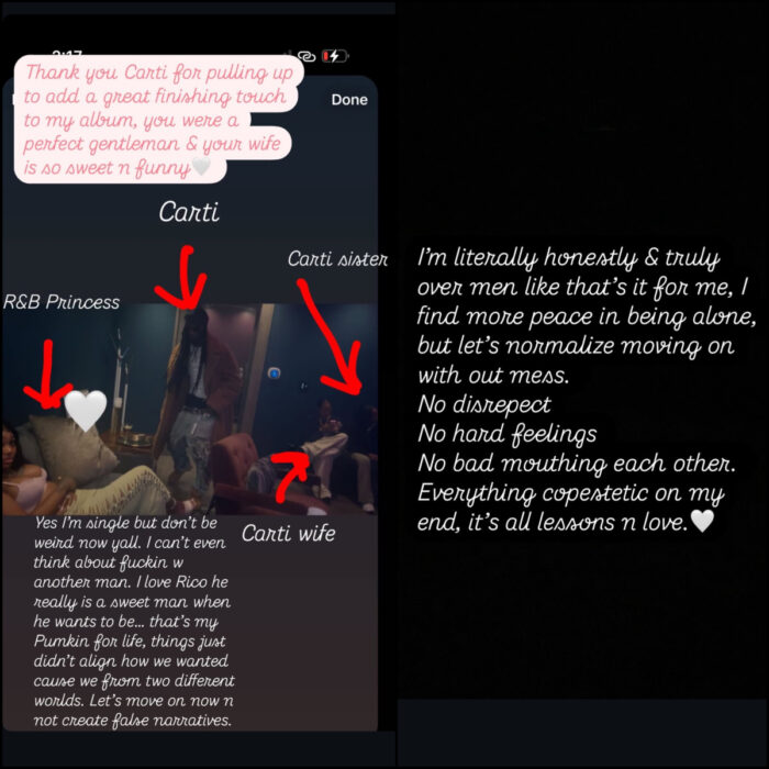 Summer Walker Instagram Story post about break up with Rico Recklezz