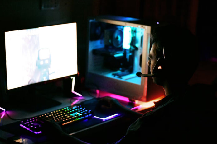Gamer using advanced strategies in a futuristic first-person shooter game in 2025