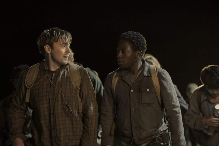 Cooper Hoffman as Garraty and David Jonsson as McVries in The Long Walk.