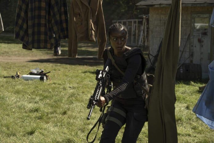 Danielle Deadwyler in a gripping moment from 40 Acres, the new action-thriller from Magnolia Pictures.