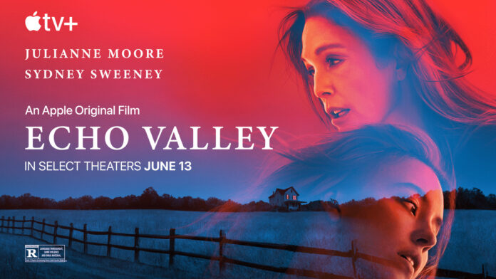 Official key art for Echo Valley featuring Julianne Moore and Sydney Sweeney, premiering June 13, 2025 on Apple TV+.