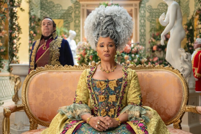 Hugh Sachs as Brimsley and Golda Rosheuvel as Queen Charlotte in episode 403 of Bridgerton Season 4.