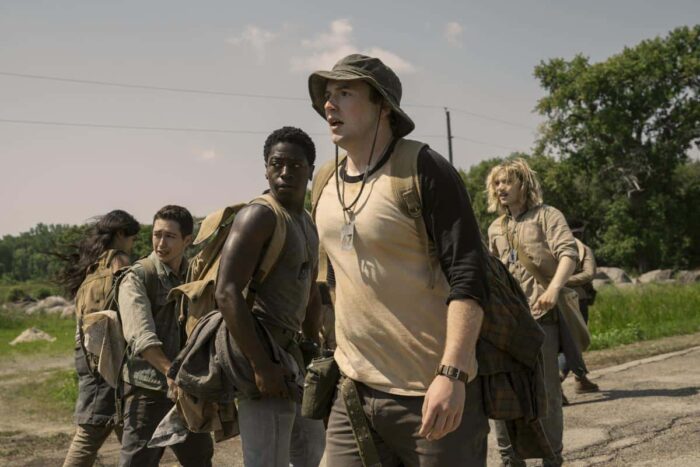 Joshua Odjick, Jordan Gonzalez, David Jonsson, Cooper Hoffman, and Charlie Plummer in The Long Walk.