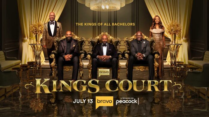 Tyson Beckford, Carlos Boozer, and Titus O’Neil stand together in the official key art for Bravo’s Kings Court.
