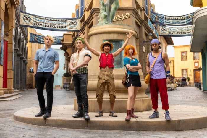 One Piece Season 2 cast first look – Taz Skylar as Sanji, Mackenyu as Roronoa Zoro, Iñaki Godoy as Monkey D. Luffy, Emily Rudd as Nami, and Jacob Romero as Usopp in Episode 201.