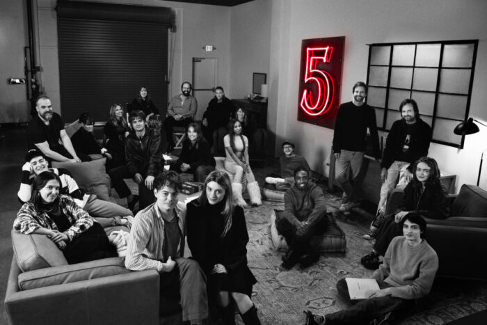 Noah Schnapp, Millie Bobby Brown, David Harbour, Winona Ryder, Cara Buono, Joe Keery, Amybeth McNulty, Charlie Heaton, Brett Gelman, Maya Hawke, Natalia Dyer, Jamie Campbell Bower, Priah Ferguson, Linda Hamilton, Gaten Matarazzo, Caleb McLaughlin, Ross Duffer, Matt Duffer, Finn Wolfhard, and Sadie Sink at Stranger Things Season 5 event for Netflix.