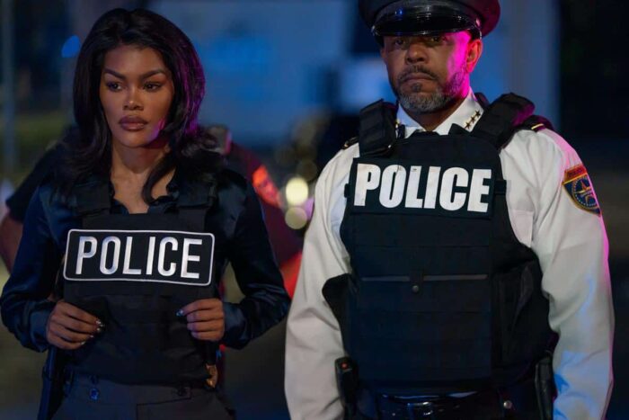 Teyana Taylor as Officer Kay Raymond and Rockmond Dunbar as Chief Wilson in Straw