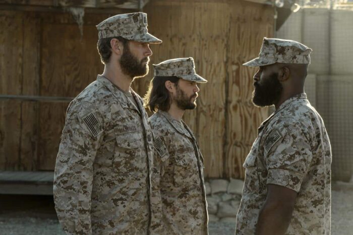 Raife Haistings (Tom Hopper), Ben Edwards (Taylor Kitsch), and Commander Bill Cox (LaMonica Garrett) in The Terminal List: Dark Wolf