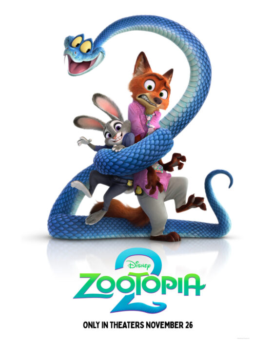 Key art for “Zootopia 2” featuring Judy Hopps, Nick Wilde, and new character Gary De’Snake