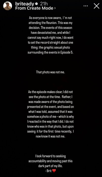 Brit Eady releases statement on her Instagram Story announcing she will not be attending The Real Housewives of Atlanta Season 16 Reunion Show