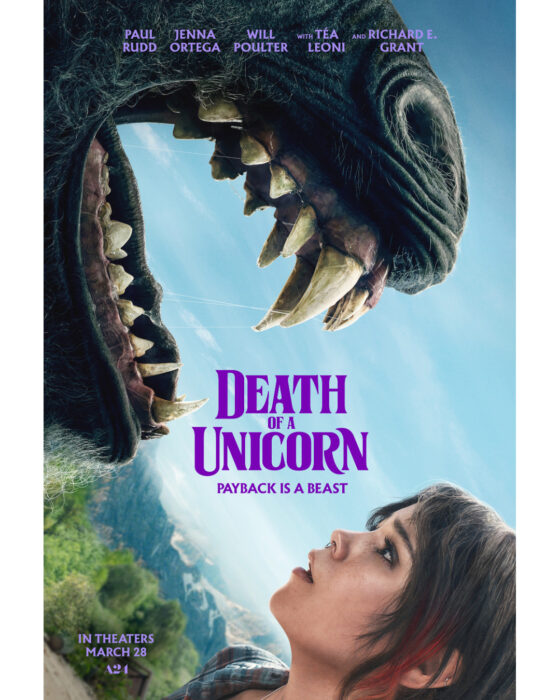The official poster for Death of a Unicorn premiering on Max this July