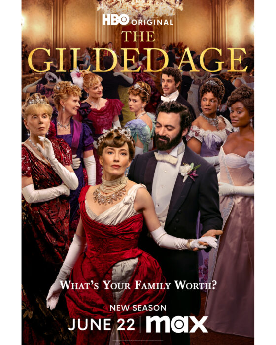 The Gilded Age Season 3 cast photo featuring Carrie Coon, Christine Baranski, Cynthia Nixon, Morgan Spector, Louisa Jacobson, Denée Benton, Taissa Farmiga, Harry Richardson, Blake Ritson, Ben Ahlers, and Audra McDonald in 1880s period costumes for the HBO drama series