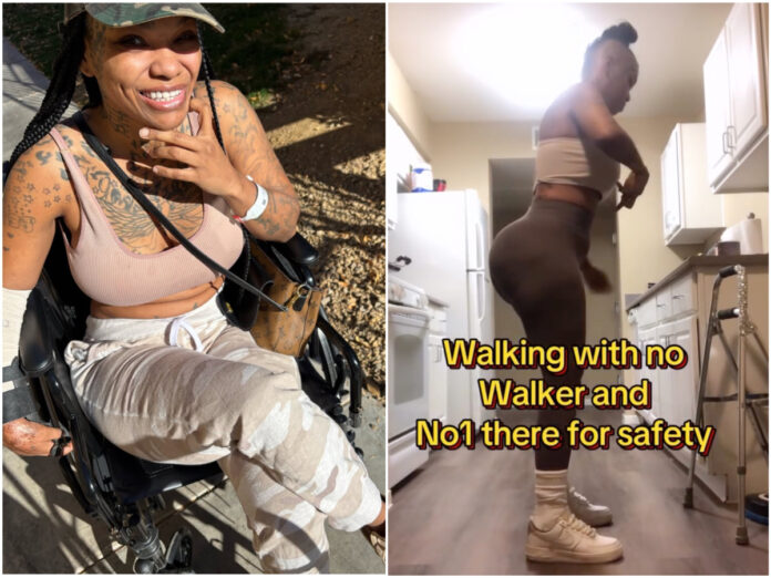 Apple Watts walking without her walker during recovery journey.