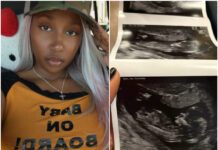 Baby Tate Reveals Pregnancy With Joyful Post & Transparent Clapbacks Baby Tate smiling and holding ultrasound photos in her pregnancy reveal post.