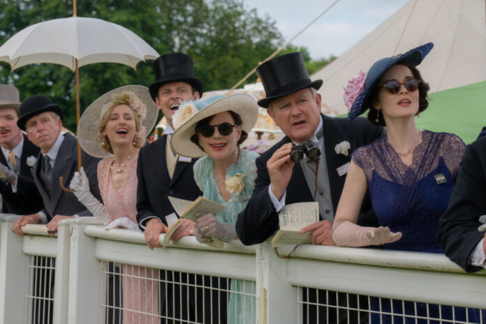 Laura Carmichael as Lady Edith, Harry Hadden-Paton as Bertie Hexham, Elizabeth McGovern as Cora Grantham, Hugh Bonneville as Robert Grantham, and Michelle Dockery as Lady Mary in Downton Abbey: The Grand Finale.