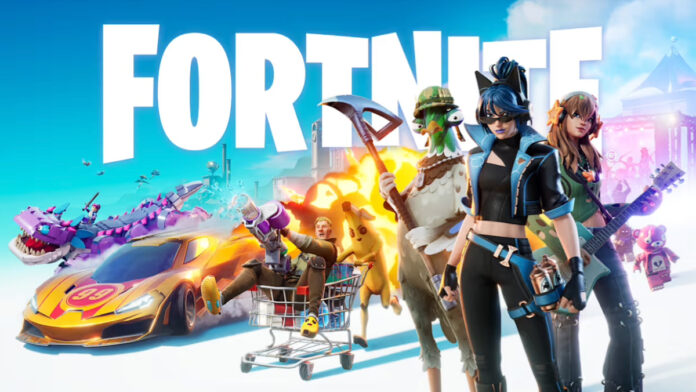 Fortnite characters in-game with text overlay highlighting FTC refund claims and compensation