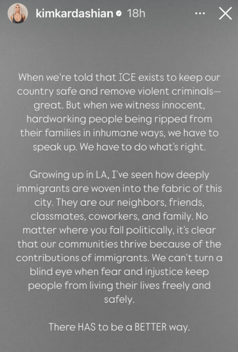 Kim Kardashian shares an emotional Instagram Story addressing ICE raids and immigrant protests in Los Angeles.